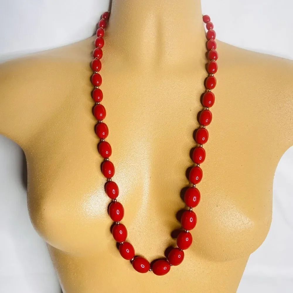 Vintage Monet Necklace Cherry Red Gold Lucite Beads Beaded PRETTY 28” 4228